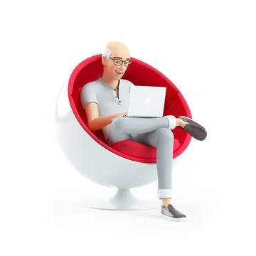 3d senior man sitting in spherical chair with laptop Illustrazione stock
