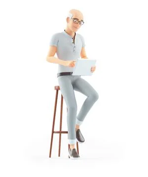 3d senior man sitting on stool with tablet Stock Illustration