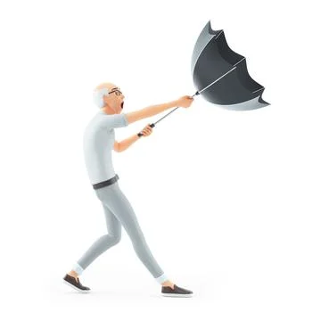 3d senior man trying to keep an umbrella Stock Illustration
