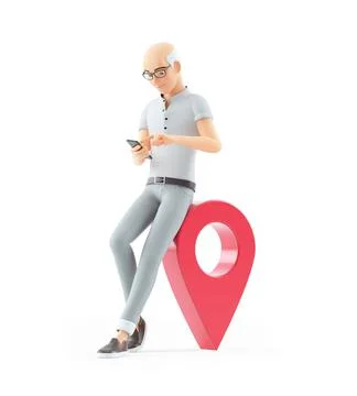 3d senior man using smartphone next to map pin Stock Illustration