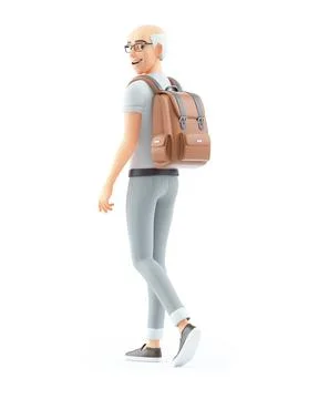 3d senior man walking with backpack Illustrazione stock