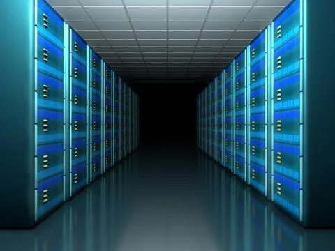 3D server room cloud computing business concept. AI data center firewall cyber Illustrazione stock
