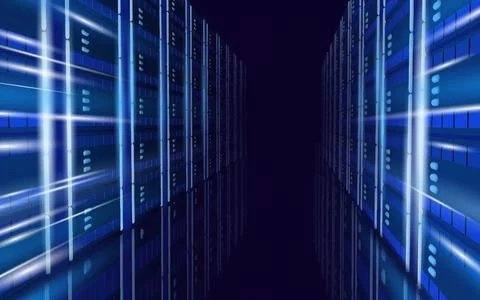 3D server room cloud computing business concept. AI data center firewall cyber Stock Illustration