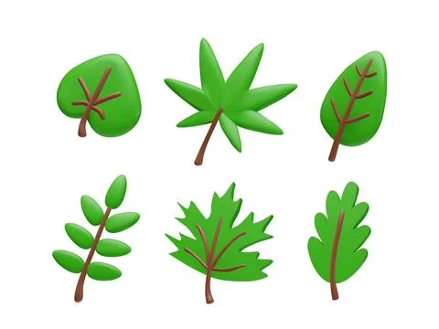 3D set of autumn leaves of different shapes, green color on an isolated Illustrazione stock