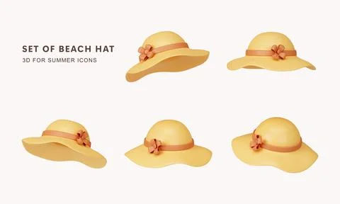 3d set of beach hat for summer time. summer vacation and holidays concept. icon Stock Illustration