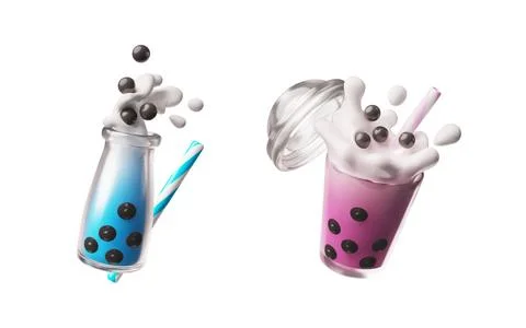 3D set of bubble tea in plastic cup and glass bottle with tapioca balls Stock Illustration