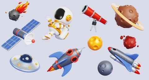 3d set of cartoon space objects. Astronaut, rocket, planets, alien ufo spaceship Stock Illustration