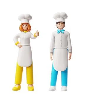 3D set of characters in aprons and white chefs hats, smiling and showing class. Stock Illustration