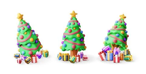 3D set of christmas tree decorated with gift boxes Stock Illustration