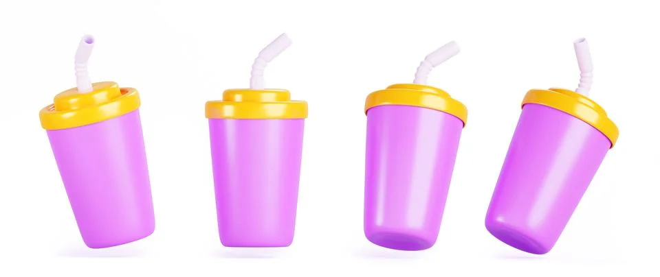 3d set of color plastic cup icons with straw and lid. Isolated empty packaging Illustrazione stock
