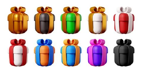 3D Set of colorful gift boxes with ribbon. Stock Illustration