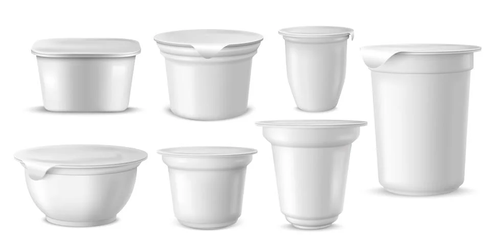 3d set of colorless mockups of plastic yogurt cups of different shapes with Stock Illustration