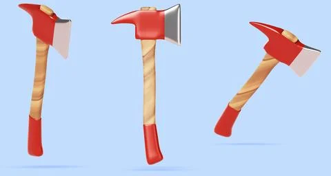 3d set of firefighter axe in different angles. Render cartoon icon of red hand Stock Illustration