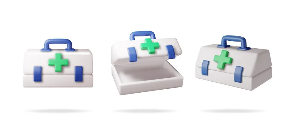 3d set of first aid kit with green cross Stock Illustration