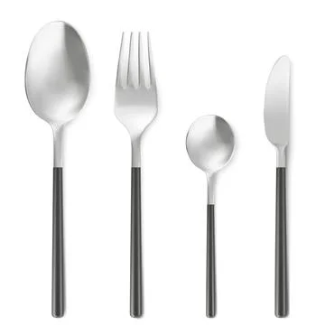 3D set of fork, knife and spoon isolated on white Stock Illustration