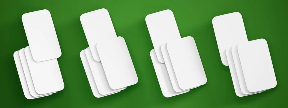 3d set of four blank playing cards mockup, white paper stacks isolated on green Illustrazione stock