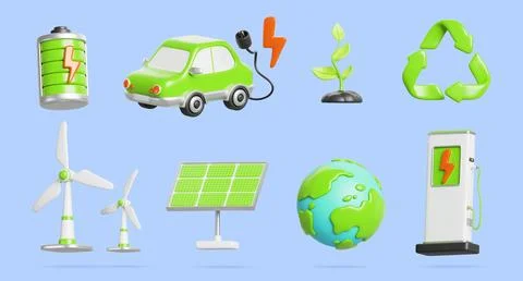 3d set of green energy object, eco icon. EV charging station, electric car Stock Illustration