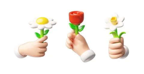 A 3D set of hands holding a single flower: a rose, a chamomile, and a daffodil. Stock Illustration