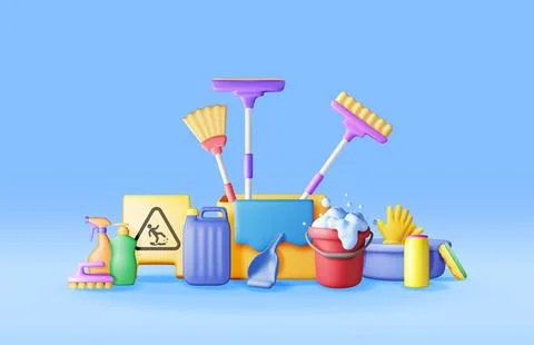 3D set of home cleaning tools isolated Stock Illustration