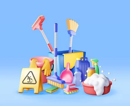 3D set of home cleaning tools isolated Stock Illustration