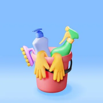 3D set of home cleaning tools isolated Stock Illustration