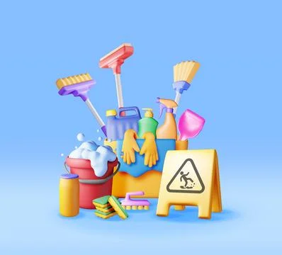 3D set of home cleaning tools isolated Stock Illustration