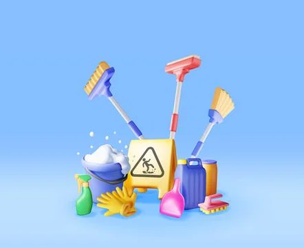 3D set of home cleaning tools isolated Stock Illustration