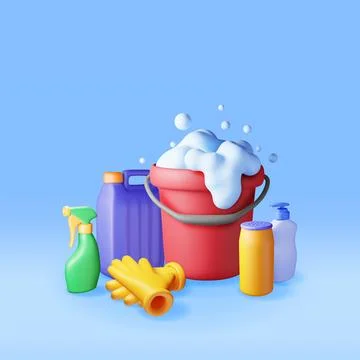 3D set of home cleaning tools isolated Stock Illustration