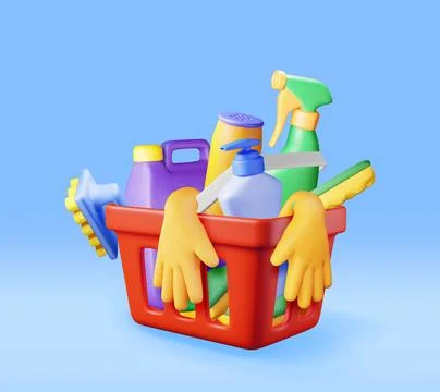 3D set of home cleaning tools isolated Stock Illustration