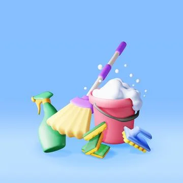 3D set of home cleaning tools isolated Stock Illustration