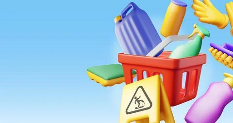 3D set of home cleaning tools isolated Stock Illustration