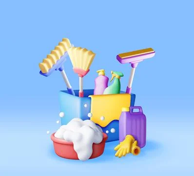 3D set of home cleaning tools isolated Stock Illustration