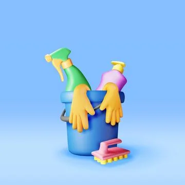 3D set of home cleaning tools isolated Stock Illustration