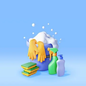 3D set of home cleaning tools isolated Stock Illustration