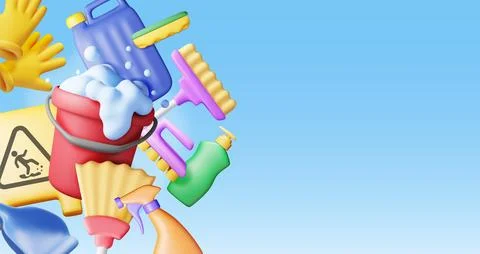 3D set of home cleaning tools isolated Stock Illustration