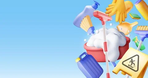 3D set of home cleaning tools isolated Stock Illustration