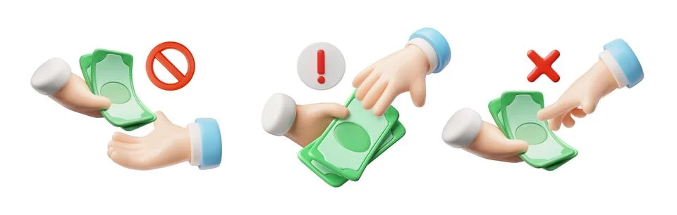 3D set of icons of hands transferring dollars to another, illegal transaction Stock Illustration