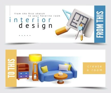 A 3D set of interior design banners, from a drawing to a finished room with Stock Illustration
