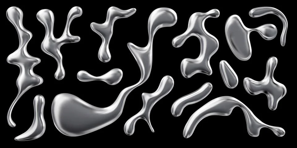 3d set of liquid drops with chrome effect. Illustrazione stock