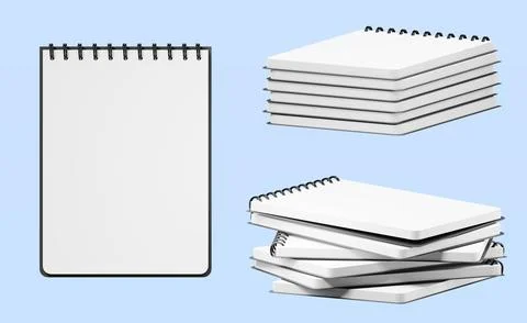 3d set of notebook, stack notepad mockup with spiral binder and white empty Stock Illustration