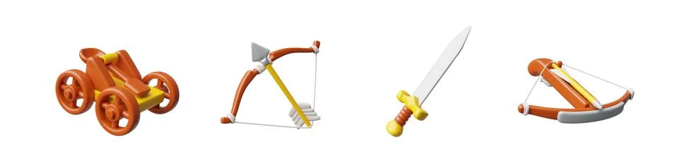 3d set of old medieval weapons, catapult, bow, sword, crossbow. Stock Illustration