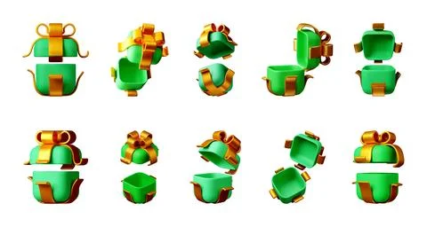 3D Set of open and closed green gift box Stock Illustration