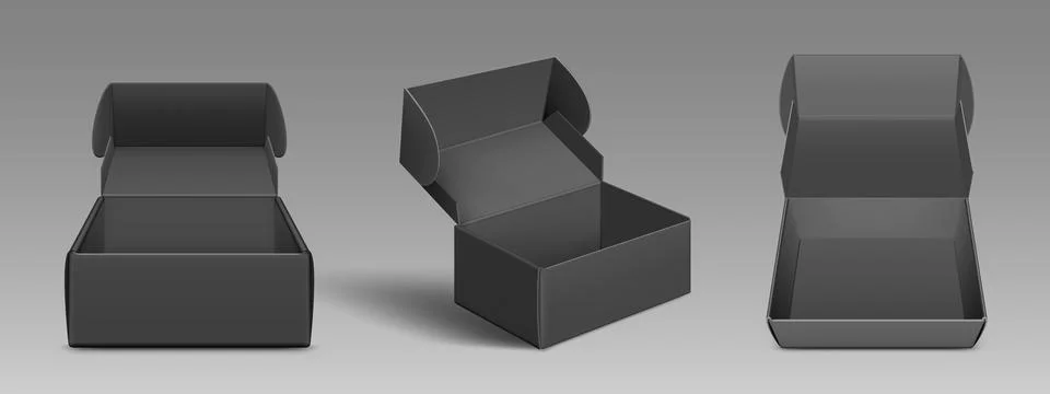 3D set of open black boxes isolated on background Illustrazione stock
