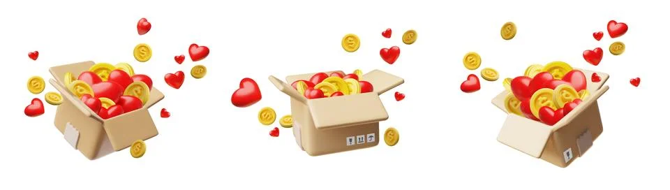3d set of open cardboard boxes with gold dollar coins and red hearts, from Stock Illustration
