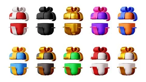 3D Set of open gift box with colorful bows Stock Illustration