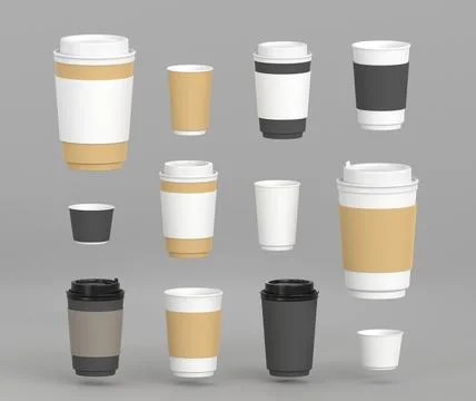 3D Set of paper coffee cups, mockup blank disposable eco containers for takeaway Stock Illustration