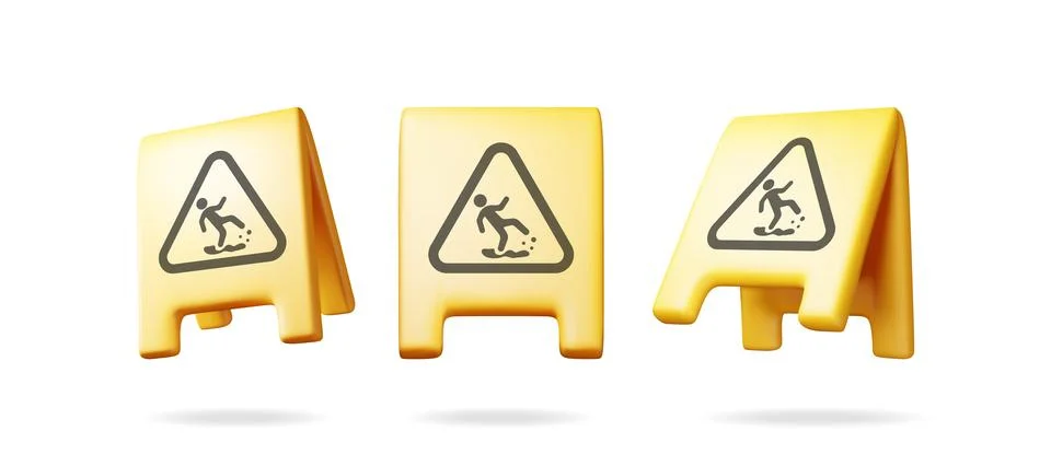 3d set of plastic wet floor sign isolated Stock Illustration