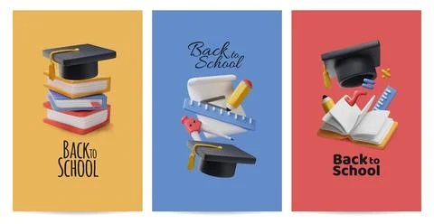 3D set of posters with books, student hat, pencil, compass, tape measure. Stock Illustration