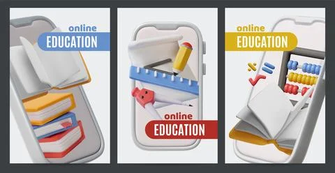 3D set of posters with smartphones and stationery: book, pencil, abacus, ruler Stock Illustration