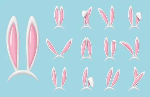 3d set of realistic isolated easter bunny ears. Render collection of white ha Stockillustratie